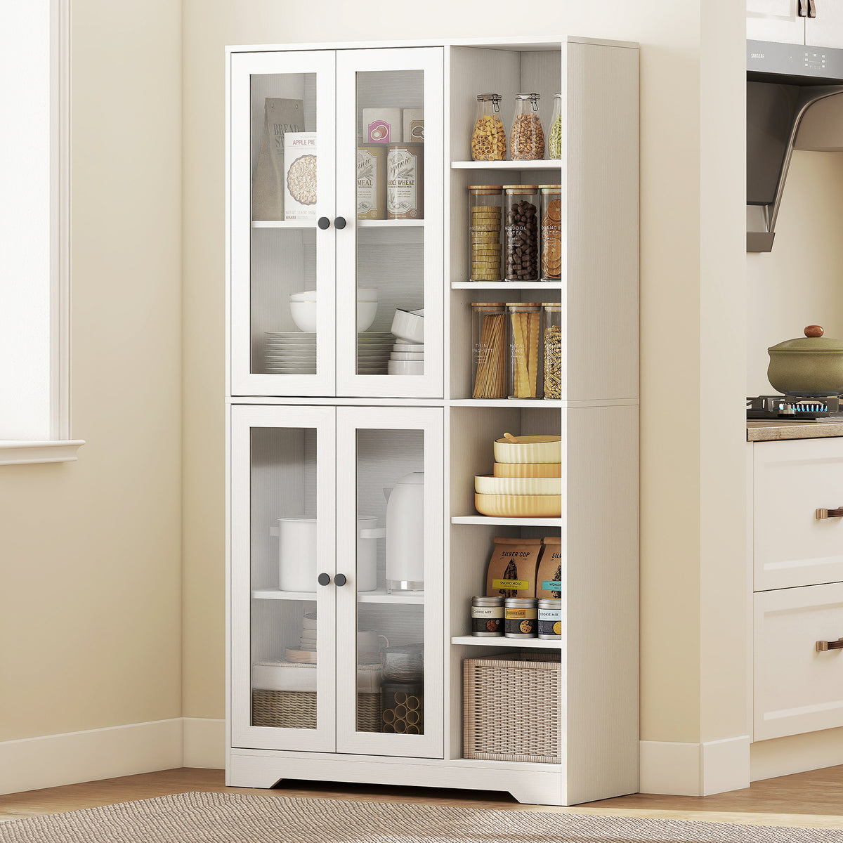K¨¹chenschrank mit Glast¨¹ren, Regale, offene Ablagen, 172 cm gro?, MDF, Wei?
