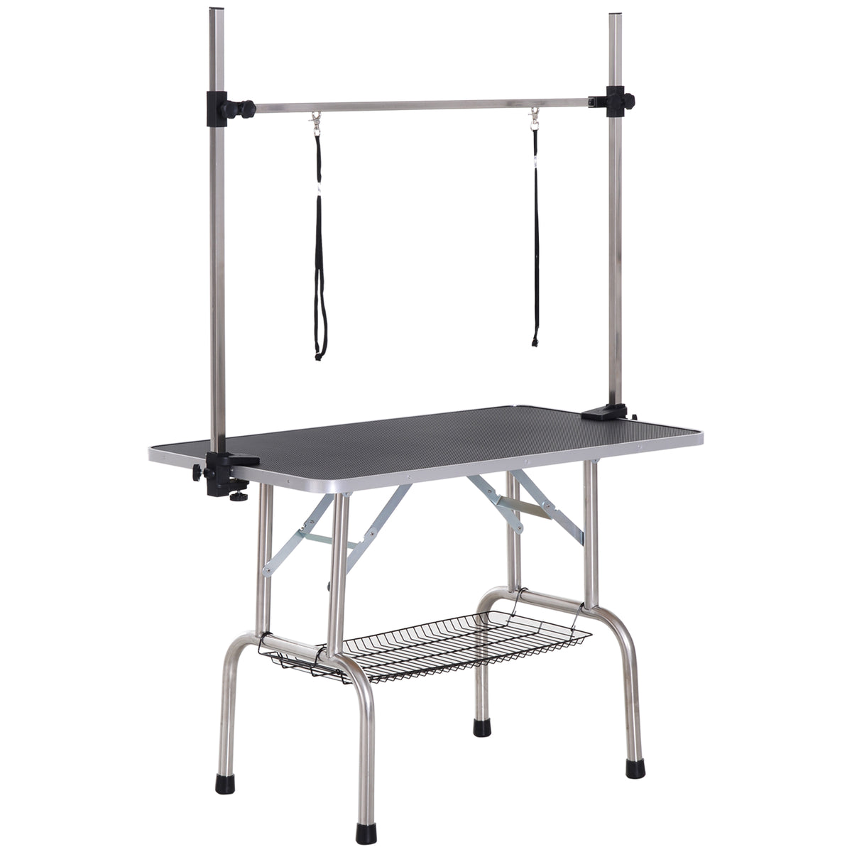 42" Dog Grooming Table, Adjustable Pet Cat Drying Beauty Table with 2 Loops Storage Basket, Rubber Top, Black