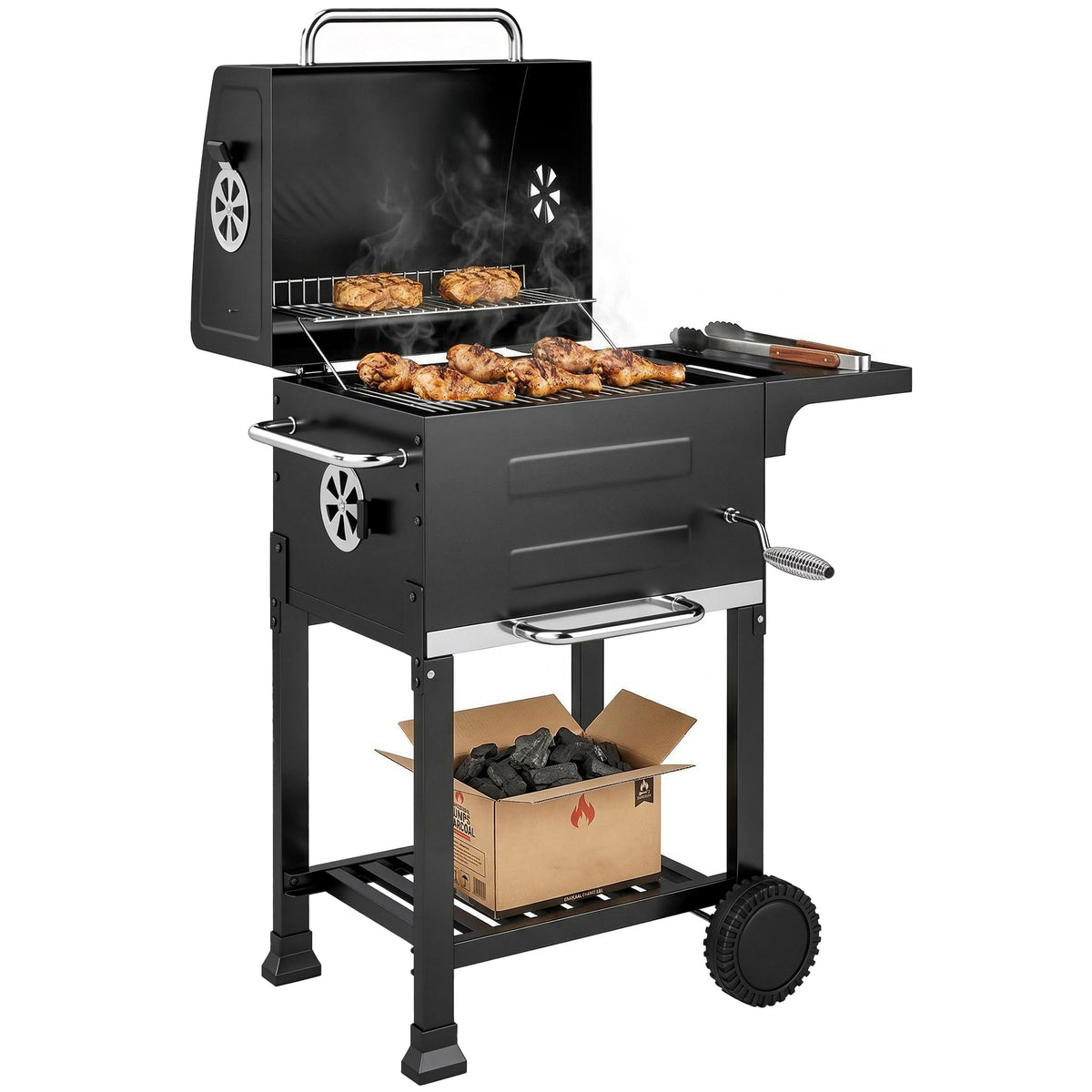Holzkohlegrill Kompakt Grillwagen mit Deckel Thermometer Grillrost Seitentisch Aschefach Lüftungsschlitzen