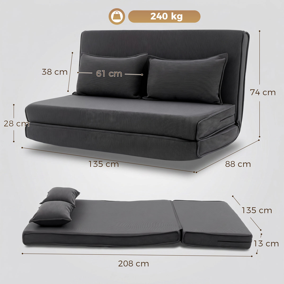 Bodenstuhl mit Rückenlehne, Cord-Klappsofa als Gästebett, Verstellbare Rückenlehne, Breiter Sitz, Dunkelgrau