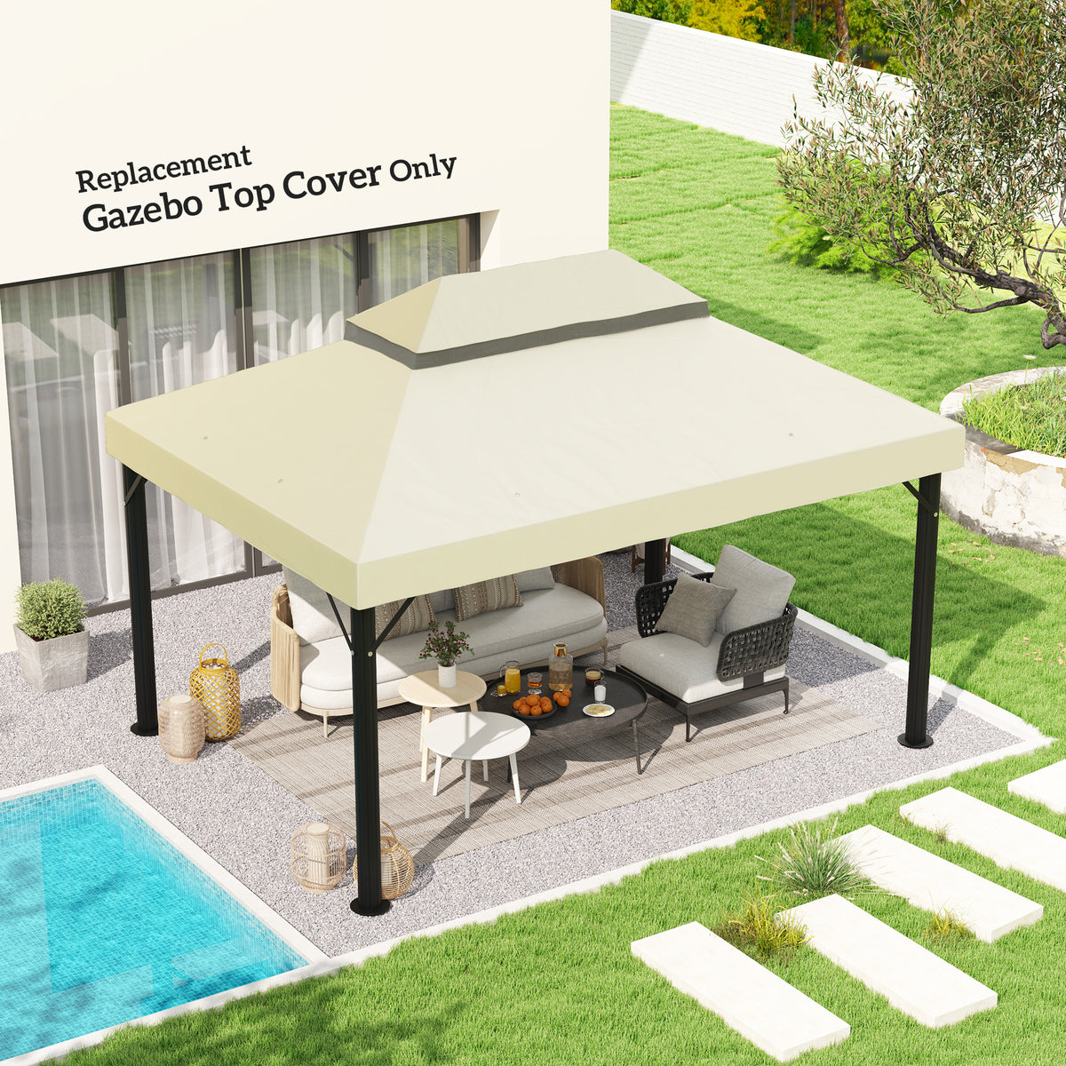 Pavillon-Ersatzdach, 3 x 4 m, Ersatzplane mit Wasserablauf-Öffnungen, Polyester, Sonnenschutz, UPF30+, Cremeweiß