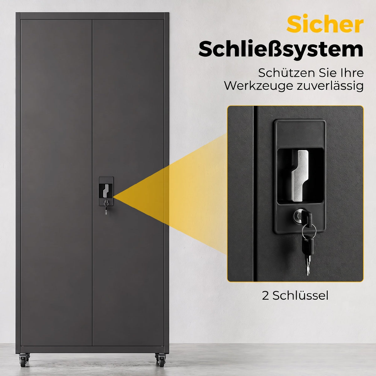 Metal Storage Cabinet, 180 cm Tall Lockable Steel Tool Cabinet with Removable Wheels and Adjustable Shelves, Black