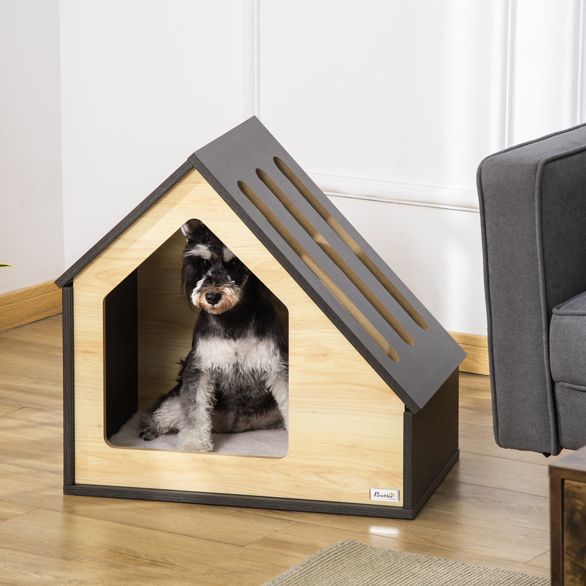  Hundehütte Indoor Hundehöhle mit Kissen Hundehaus Hundehöhle mit schrägem Dach Katzenhaus für kleine Hunde bis 8 kg 60 x 40 x 59,2 cm, Braun