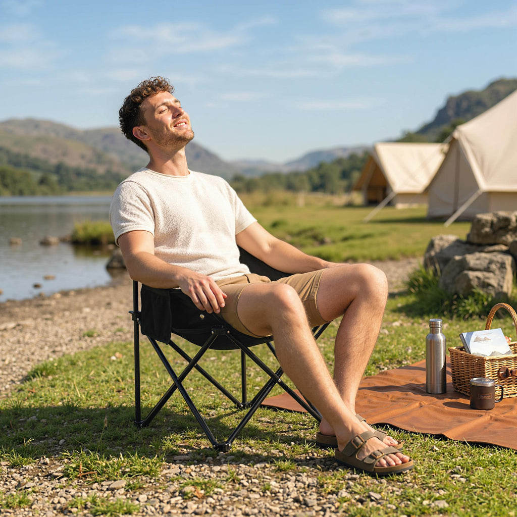 Campingstuhl, faltbar, Stahlrahmen, Stoffsitz, Tragetasche, Schwarz