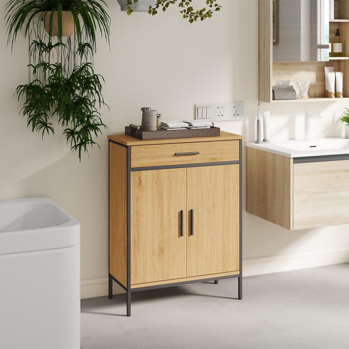 Badezimmerschrank, zweistufige Regale, gro?e Schublade, Industriestil, Eichenoptik