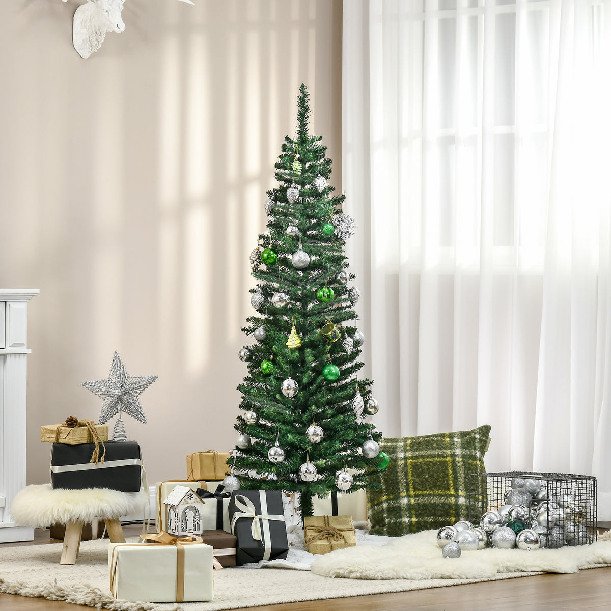 5ft Unlit Artificial Christmas Tree, Pencil Slim Xmas Tree with Solid Stand and Realistic Branches, Green