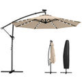 Ampelschirm LED Solar ca. Ø300 cm Drehbar Sonnenschirm mit Kurbel Ständer Schutzhülle Beige