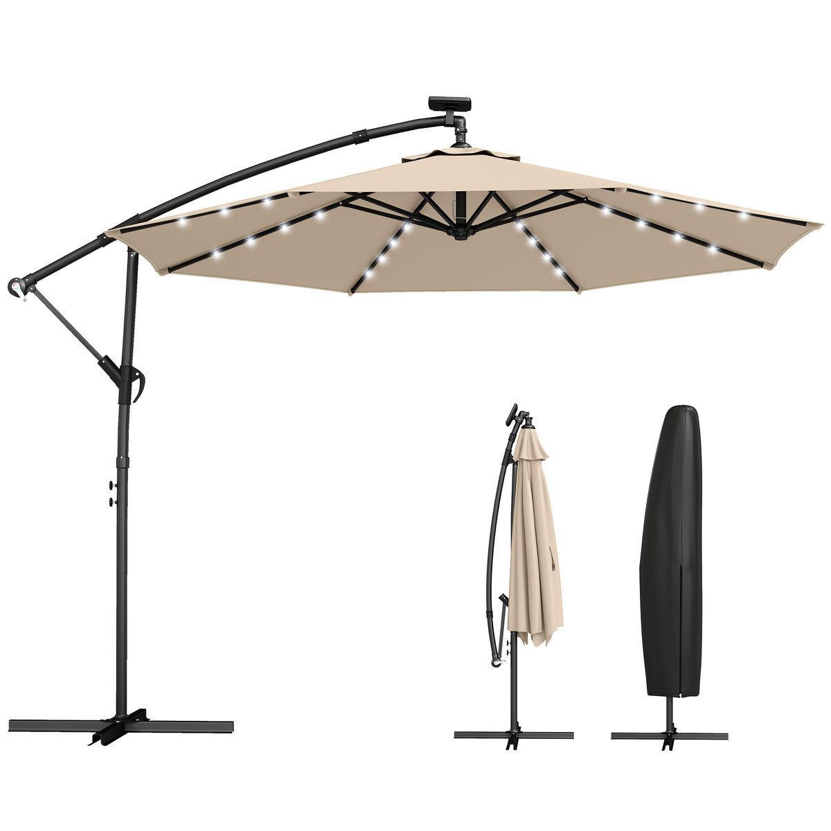 Ampelschirm LED Solar ca. Ø300 cm Drehbar Sonnenschirm mit Kurbel Ständer Schutzhülle Beige
