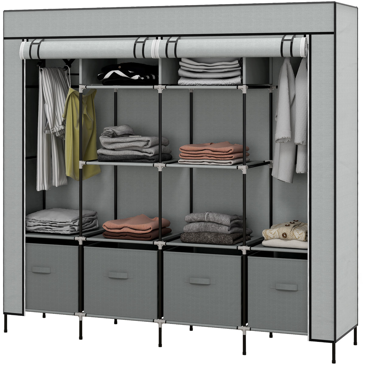Kleiderschrank Stoffschrank, Türen, 2 Kleiderstangen, 10 Fächer, Grau