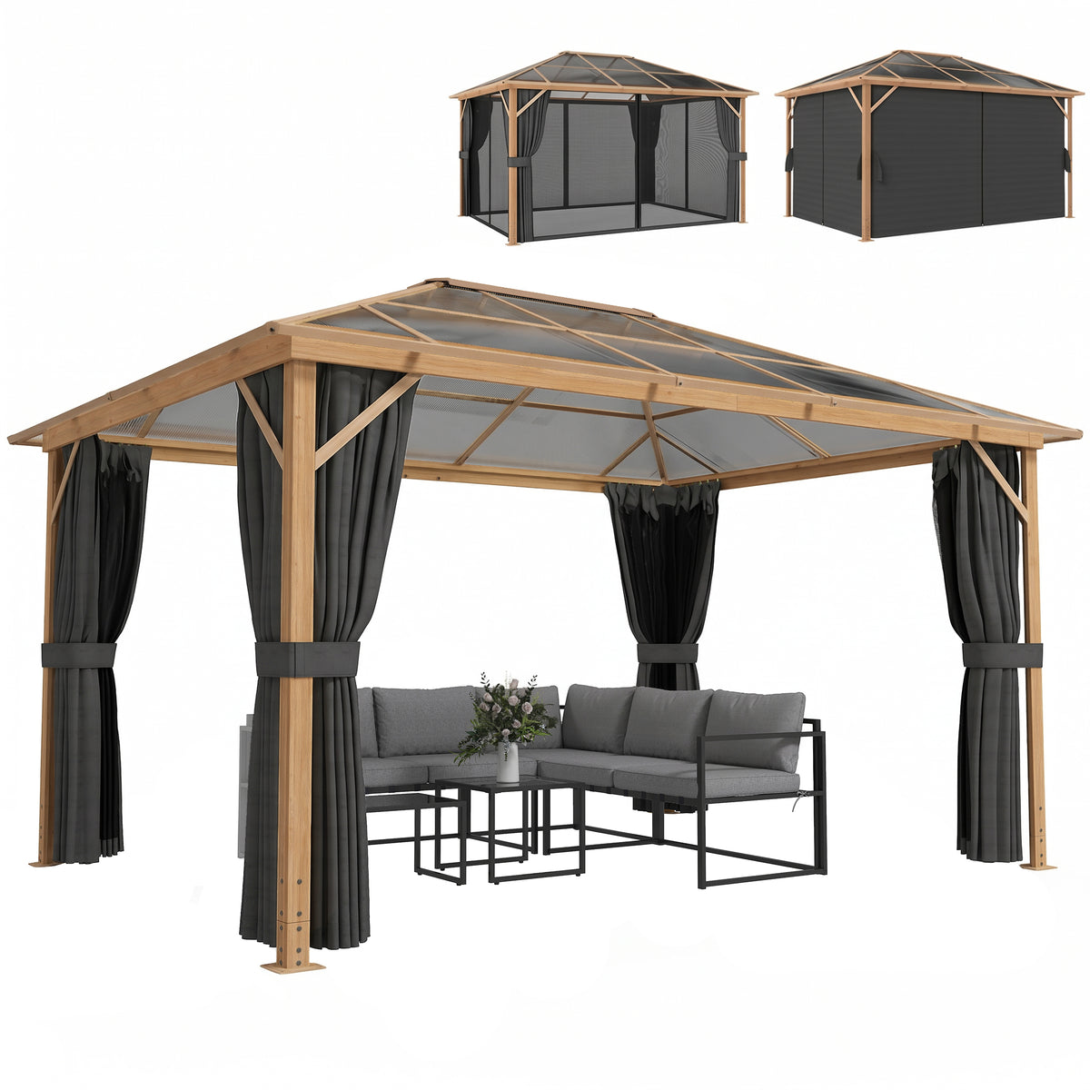 Gartenpavillon ca. 4x3m Aluminium Pavillon mit Polycarbonat-Dach 6 mm Moskitonetz 4 Seitenteile Holzoptik Naturholz