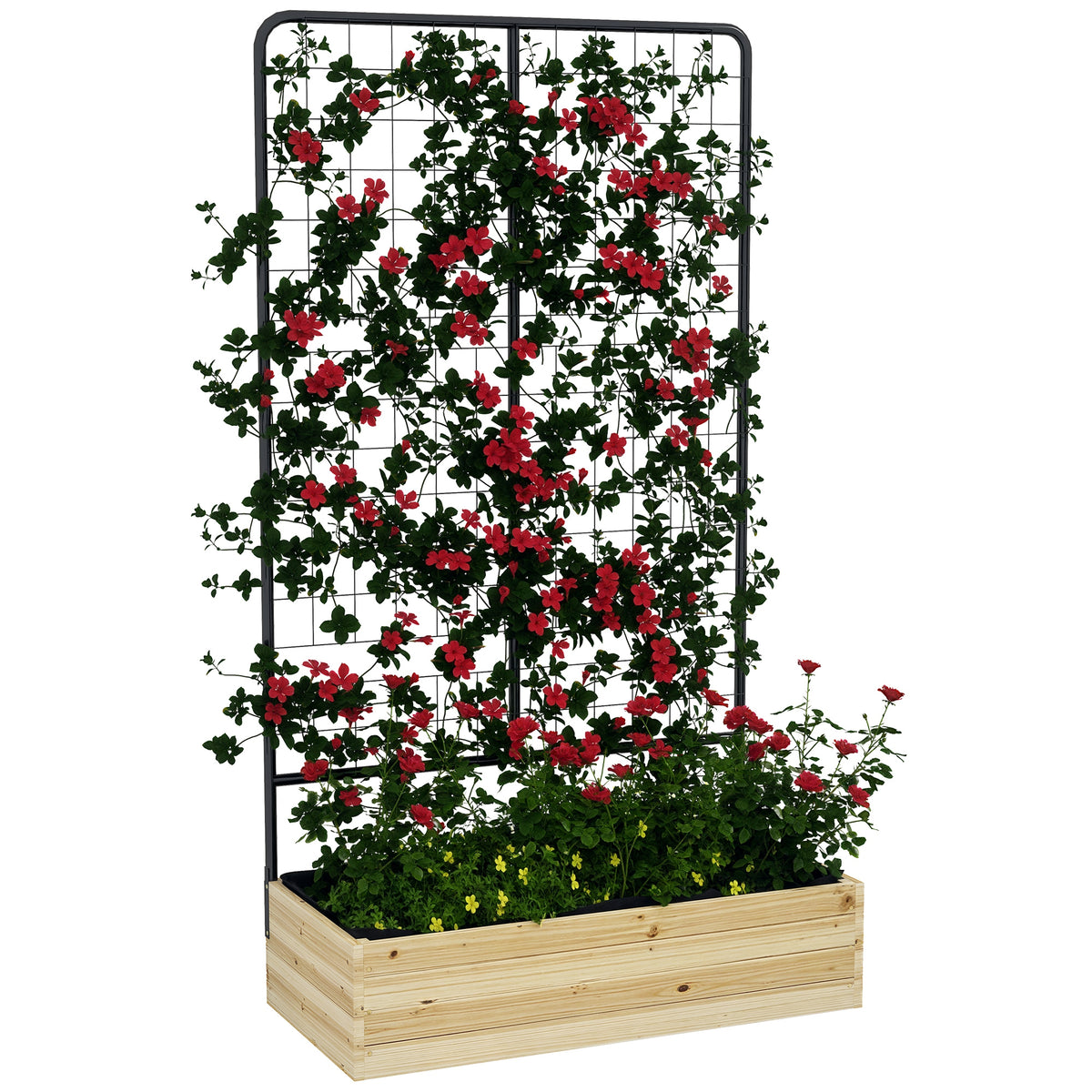 Hochbeet mit Rankgitter, Innenfutter aus Vlies, Naturholz, Stahl, 80x38x145 cm, Schwarz