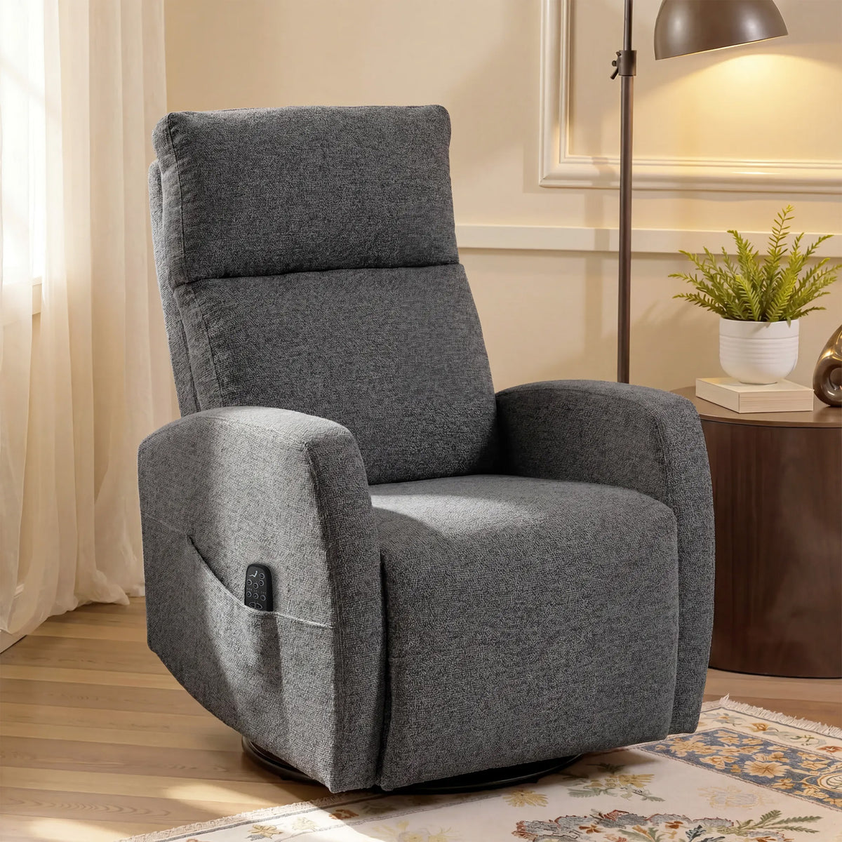 Relaxsessel Drehbarer Fernsehsessel mit Wärme und Vibrationsmassage, Liegefunktion, Wippfunktion Dunkelgrau