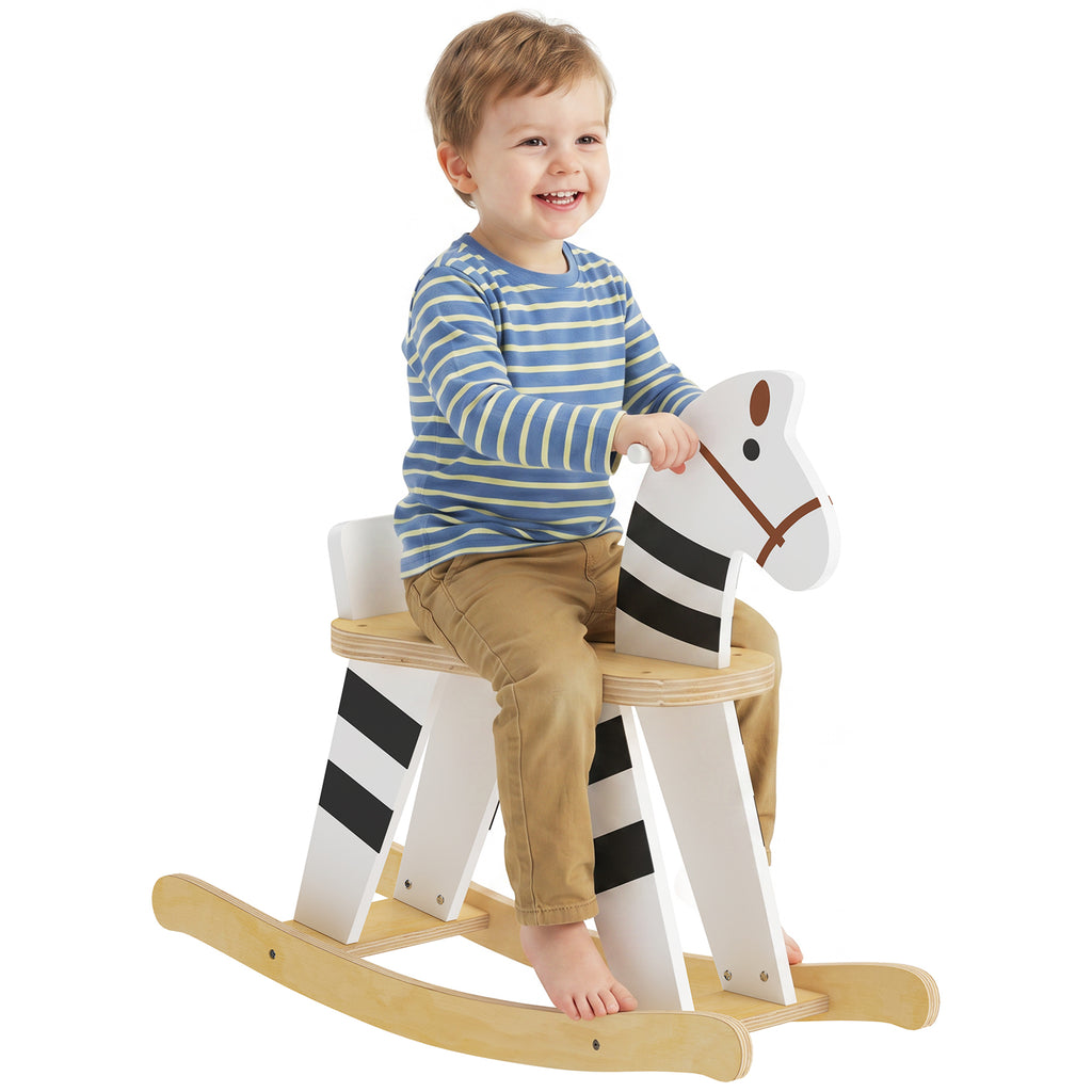 Schaukelpferd, Kinder Schaukeltier mit Haltegriffen Rückenlehne im Ponyform für Kinder von 1,5–3 Jahren Schwarz+Weiß