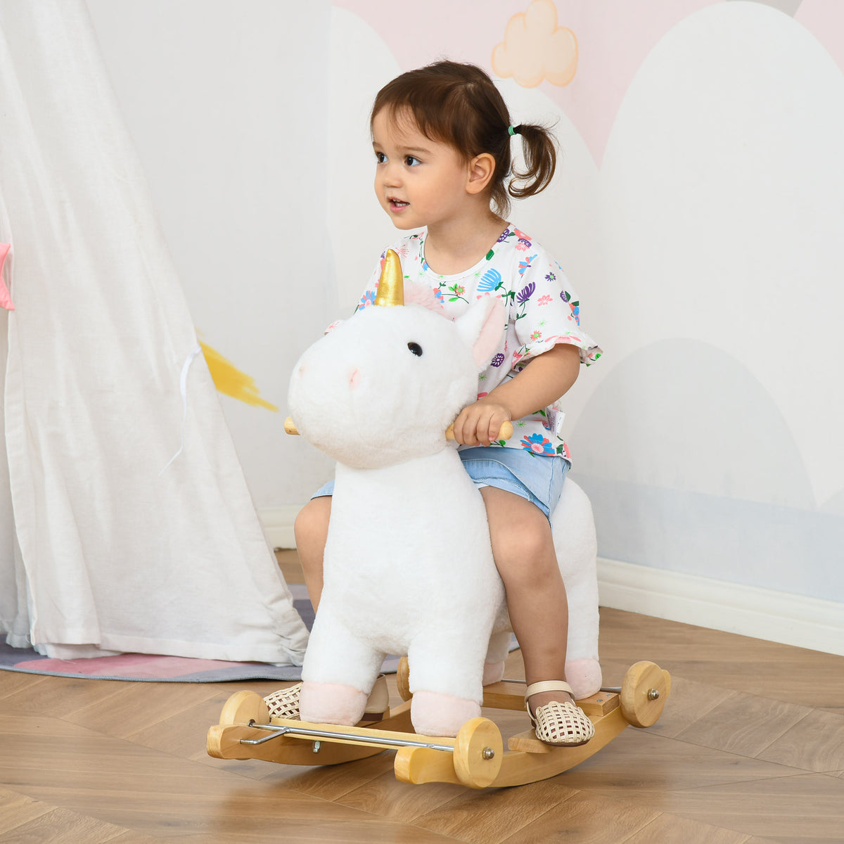 Schaukeltier Einhorn mit Sound Effekt, Räder, Haltegriffen Plüsch Baby Schaukelspielzeug Schaukel Schaukelsitz für Kleinkinder 3-6 Monate