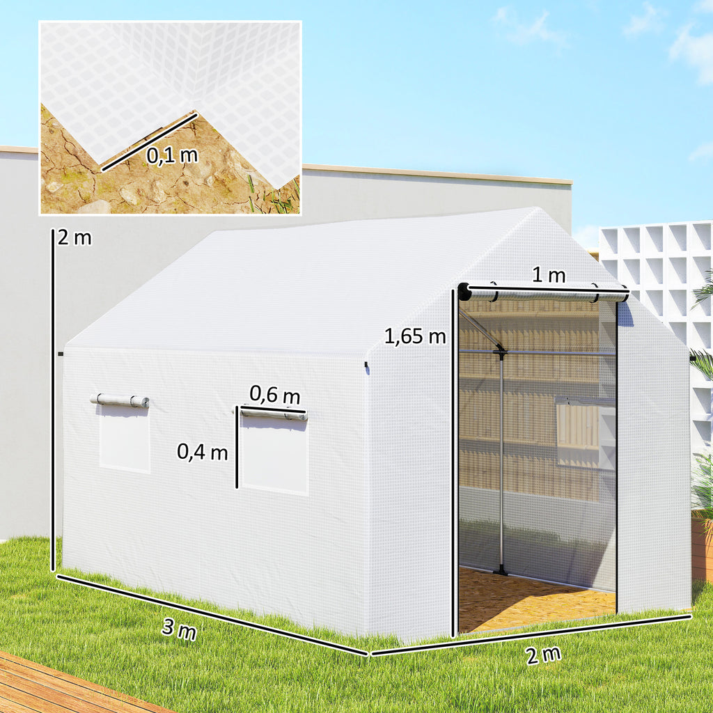 Gewächshaus 3 x 2 x 2 m Moskitonetz Spitzdach 4 Fenster Weiß