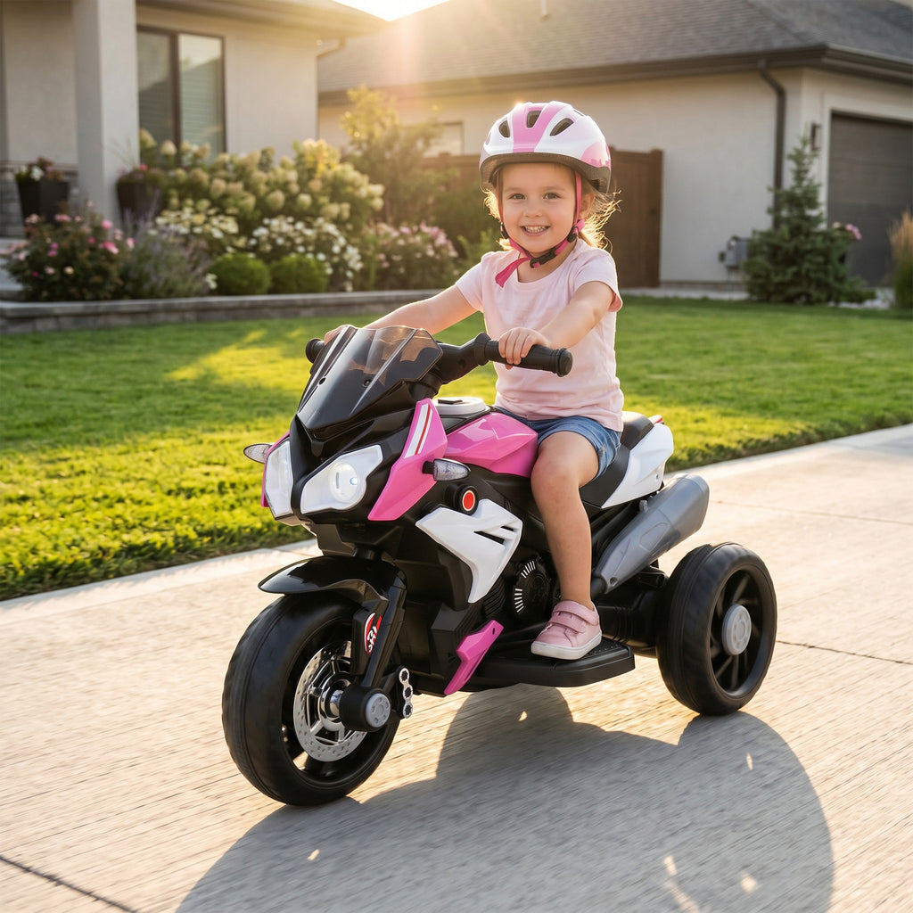 Elektro-Kindermotorrad, Lichter & Geräusche, 3 km/h, wiederaufladbar, Kunststoff & Metall, Rosa/Weiß