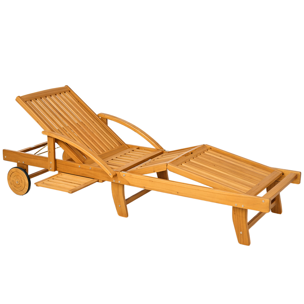 Sonnenliege Holz klappbar Gartenliege mit Seitentisch, Rolle, 4-Fach verstellbare Rückenlehne Teak