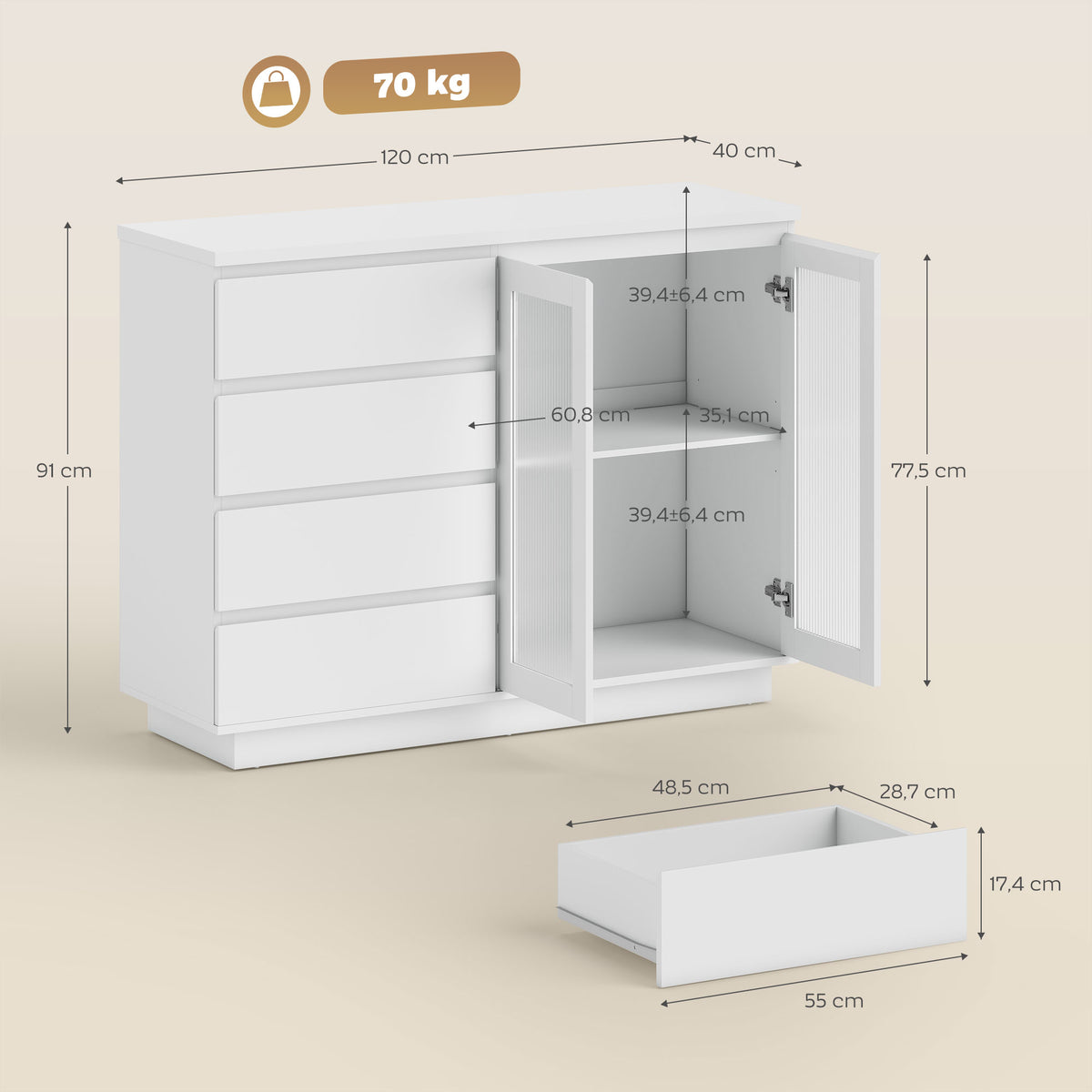 Buffetschrank, Sideboard mit 4 Schubladen, 2 Glast¨¹ren, modernes Design, MDF, Wei?