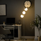 Stehlampe mit 3 Lampenschirmen aus Glas, E 27, Fußschalter, Silber + Weiß