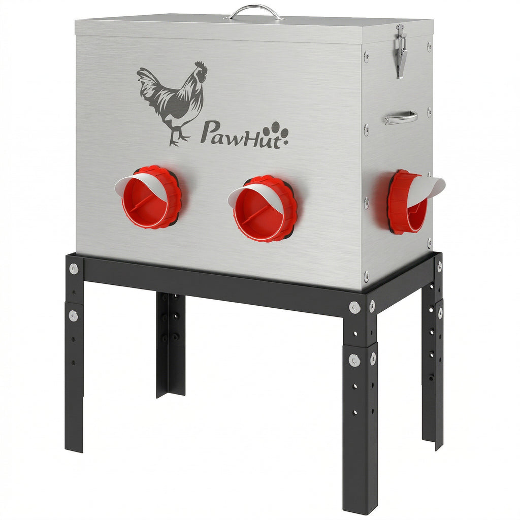 Futterautomat Hühner 18 kg Füllmenge mit abschließbarer Deckel verstellbarer Beine 6 Öffnungen 42x25x55,5 cm Silber