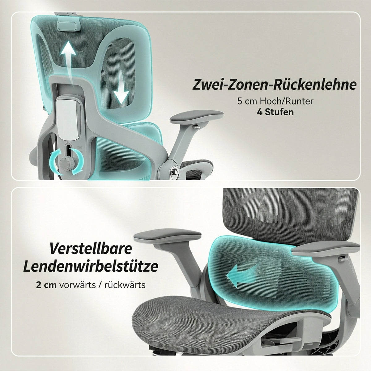 Ergonomischer Bürostuhl, Mesh-Computersessel mit separatem Rücken, Lendenstütze, 4D klappbare Armlehnen, Grau