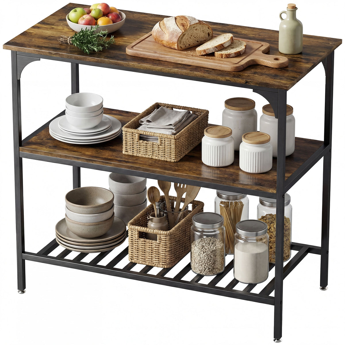 B?ckerregal, 3-stufiges K¨¹chenregal mit Stahlrahmen, Rustikales Braun+Schwarz