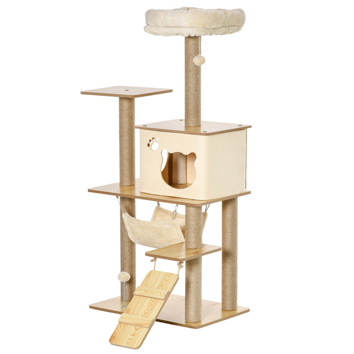 Kratzbaum Katzenbaum für Katzen Kletterbaum aus Holz mit Katzenhöhle Jutestämmen großer Plattform Spielbälle 130 cm Höhe stabil Plüsch Gelb 60 x 40 x 130 cm