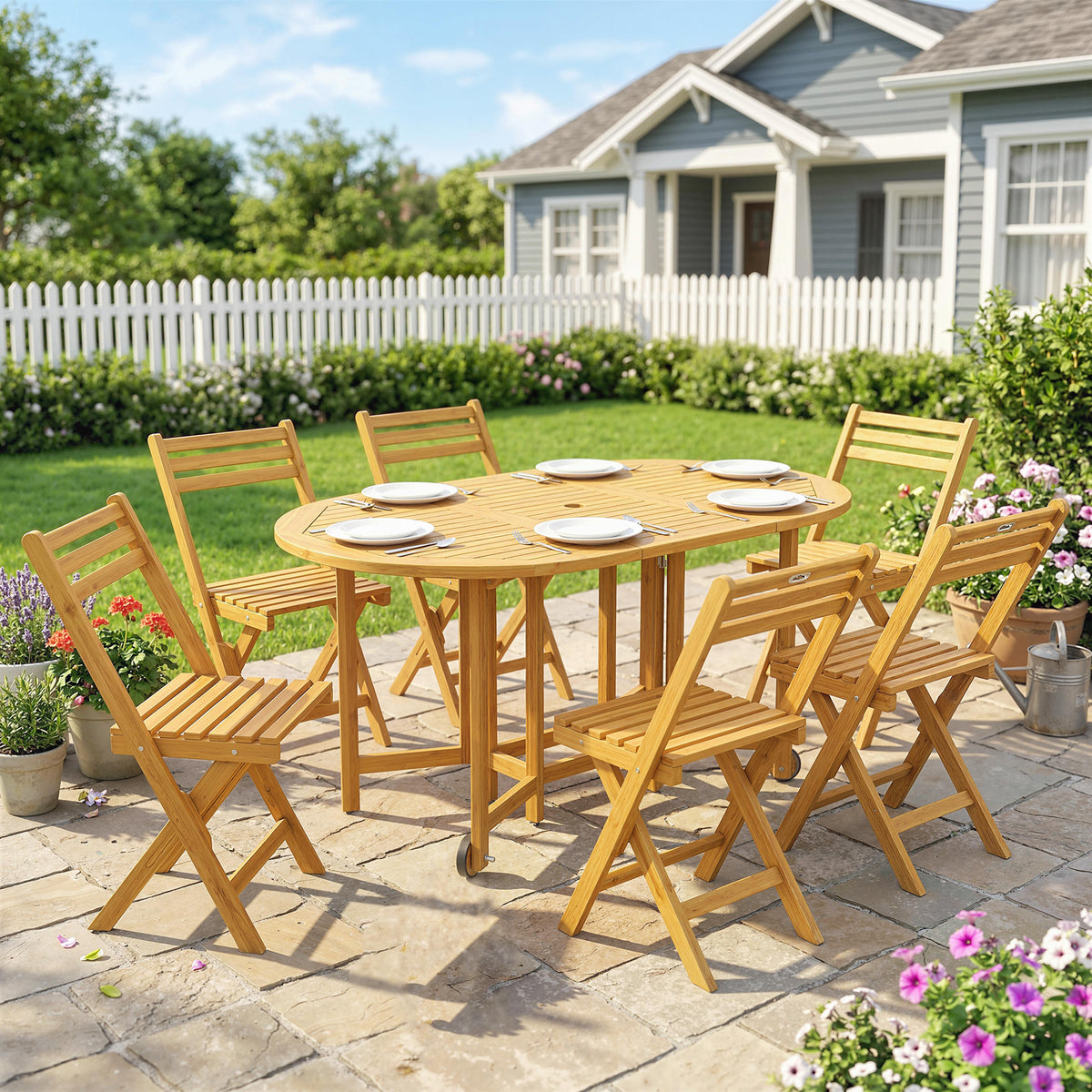 Gartenmöbel Set FSC Holz Sitzgruppe 7-teilig Ausziehbar Tisch mit 6 Klappstühlen Schirmloch Lamellendesign