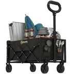 60L Foldable Festival Trolley on Wheels, Collapsible Wagon Cart with Drop-Down Tailgate, Adjustable Handle, Black