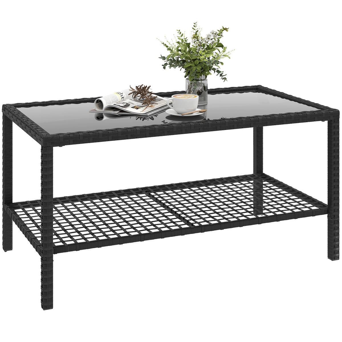 Rattan-Couchtisch, zweistufiger Outdoor-Tisch mit Ablagefach, gehärteter Glasplatte und Stahlrahmen, Schwarz