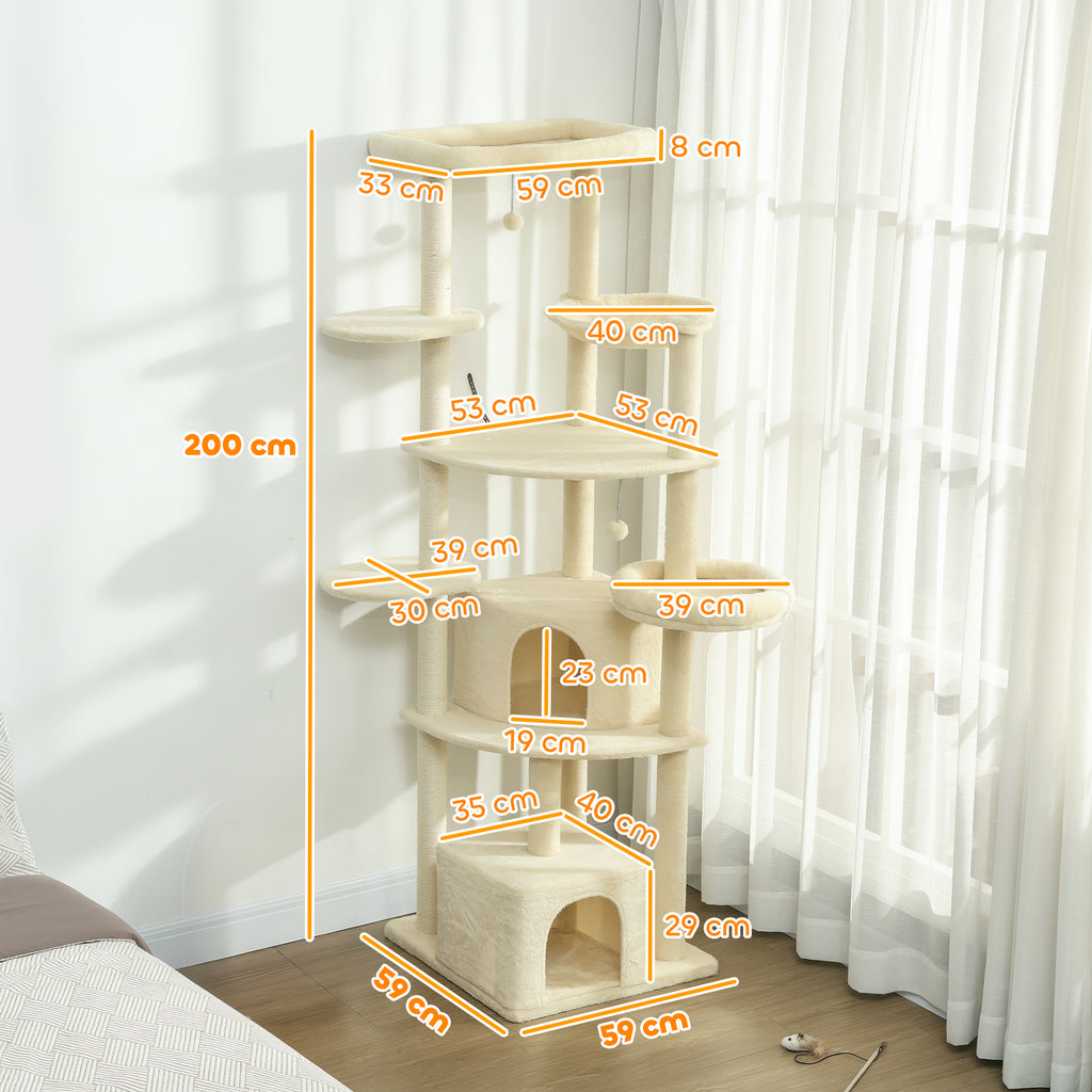 2 Meter hoher Kratzbaum Große für 2-3 Katzen, Kratzpfosten, Höhlen, Hängematte, Verstecke, mehrstöckiges Design, Sisal, Holz, Plüsch, Beige