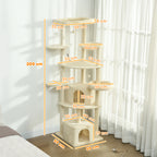 2 Meter hoher Kratzbaum Große für 2-3 Katzen, Kratzpfosten, Höhlen, Hängematte, Verstecke, mehrstöckiges Design, Sisal, Holz, Plüsch, Beige