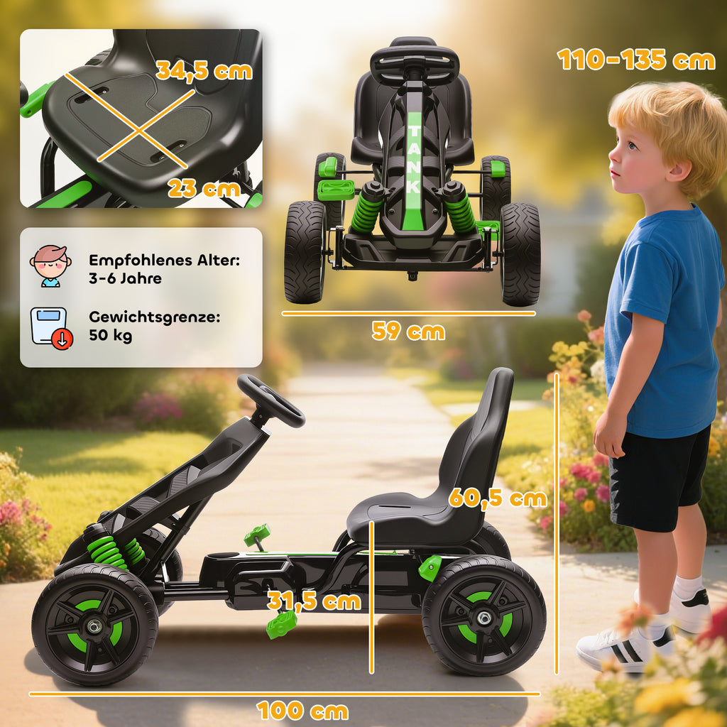 Pedal Go Kart for Kids Aged 3-6 Years, with Freewheel System, Brake, EVA Anti-Slip Wheels, Green