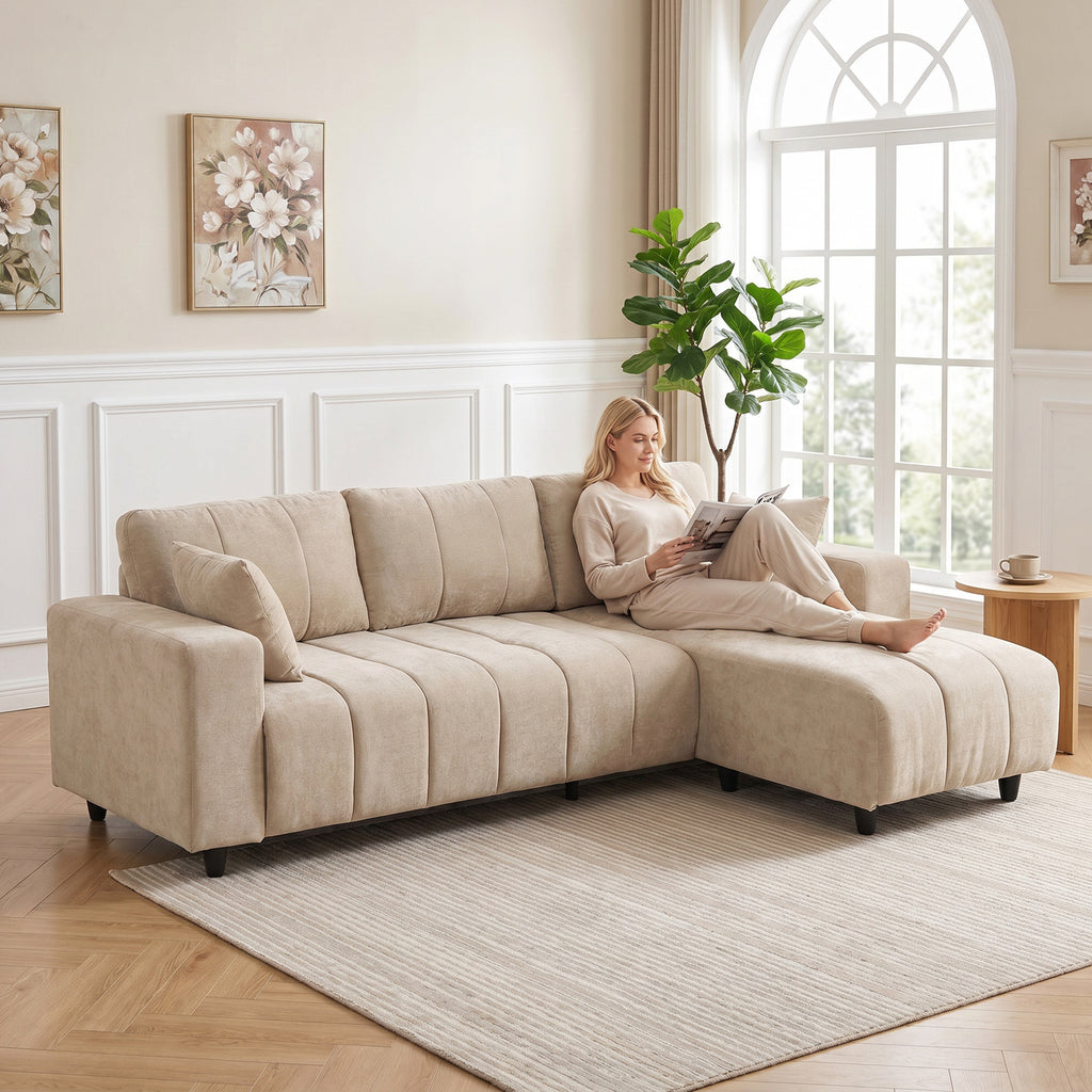 L-förmiges Ecksofa mit flexibler Chaiselongue, 3-Sitzer-Couch mit 2 Kissen, Metallrahmen, für Wohnzimmer, Beige