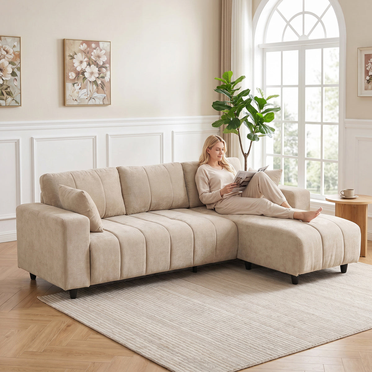 L-förmiges Ecksofa mit flexibler Chaiselongue, 3-Sitzer-Couch mit 2 Kissen, Metallrahmen, für Wohnzimmer, Beige