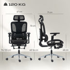 Bürostuhl Ergonomisch Schreibtischstuhl mit verstellbar Lenden- und Kopfstütze 6D-Klapparmlehnen Fußstütze Netz Schwarz