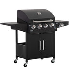  Gasgrill BBQ mit 3 Brennern je 3 kw mobiler Grillwagen mit 4 Rädern Grillnetz Seitentischen Druckminderer Schläuche Schrank Multifunktion Metall Schwarz 132,4cm x 55cm x 109cm