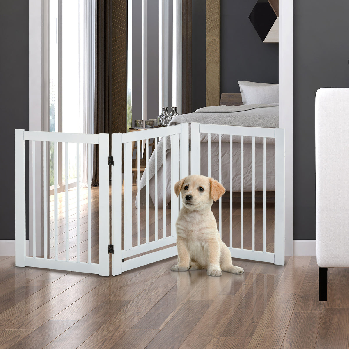 Freestanding Dog Gate, Foldable Pet Fence, Indoor Barrier, Stair Gate with Support Feet, 155 x 76 cm, White