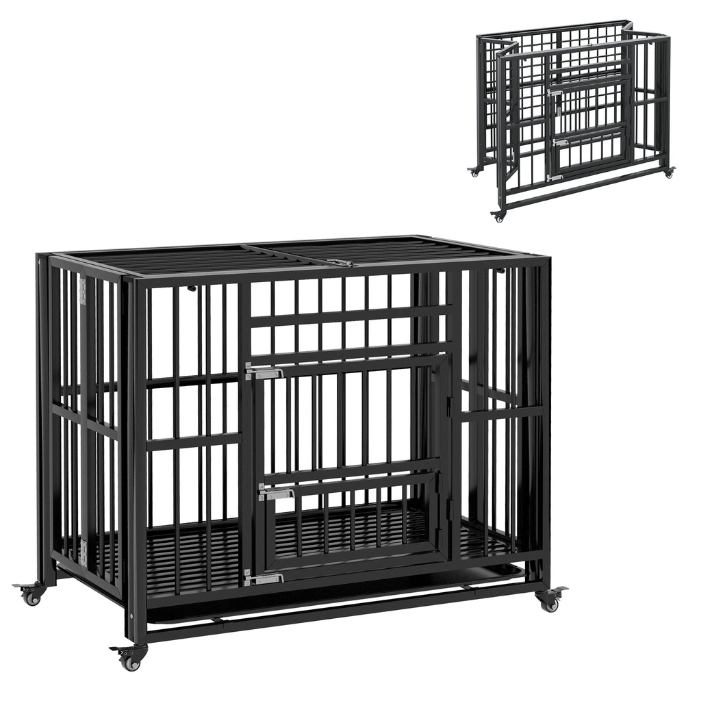  37" Heavy Duty Dog Crate, Foldable Dog Cage, with Openable Top, Locks, Removable Tray, Wheels - Black