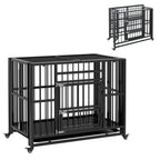  37" Heavy Duty Dog Crate, Foldable Dog Cage, with Openable Top, Locks, Removable Tray, Wheels - Black