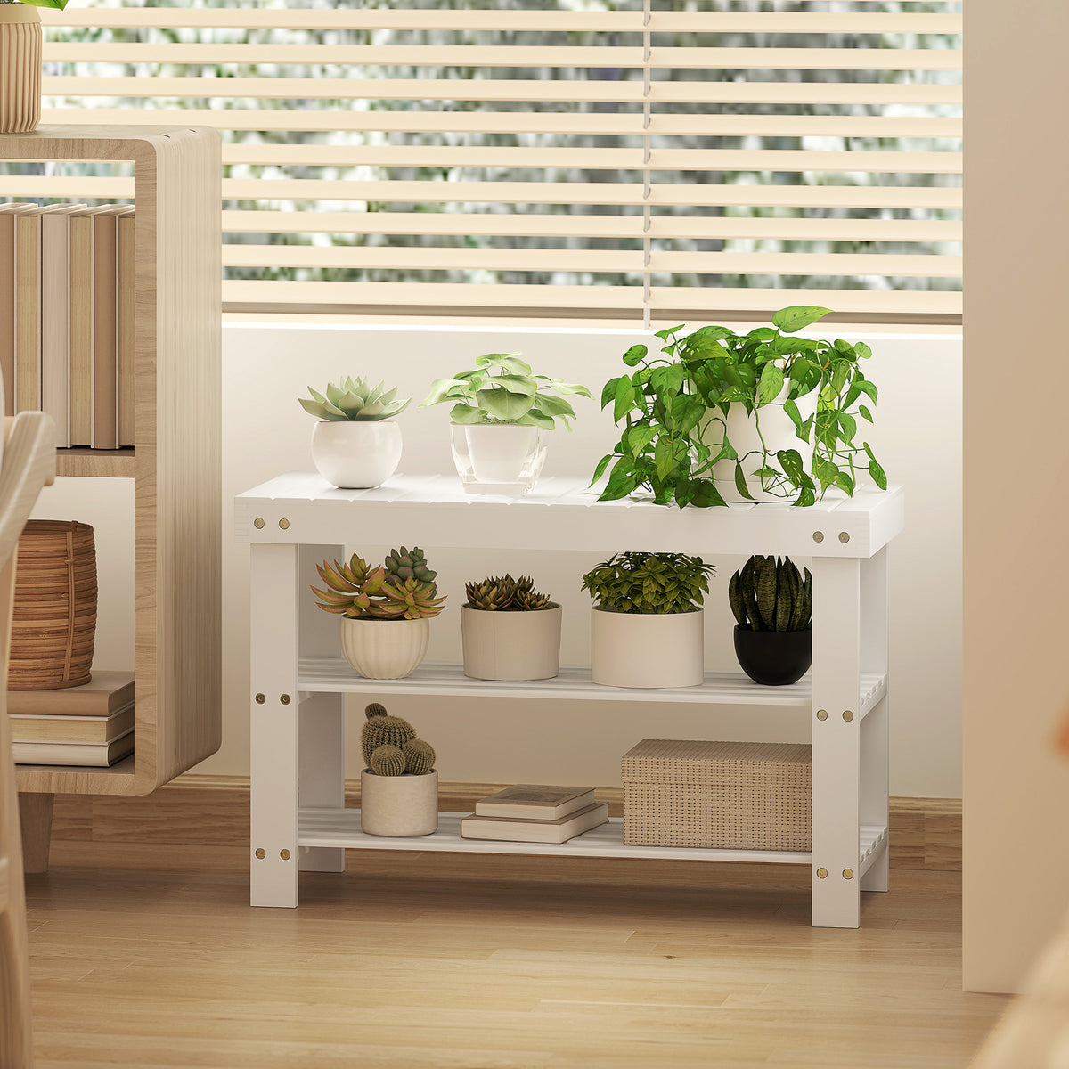 Schuhbank mit Sitzfläche Stauraum 2 Ablagen 70 x 28 x 45cm Weiß