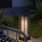 Außenleuchte mit Solarmodul, Einschaltautomatik, 8 h Betriebszeit, Rattanoptik, Stahl, 15,5 x 15,5 x 46 cm, Grau