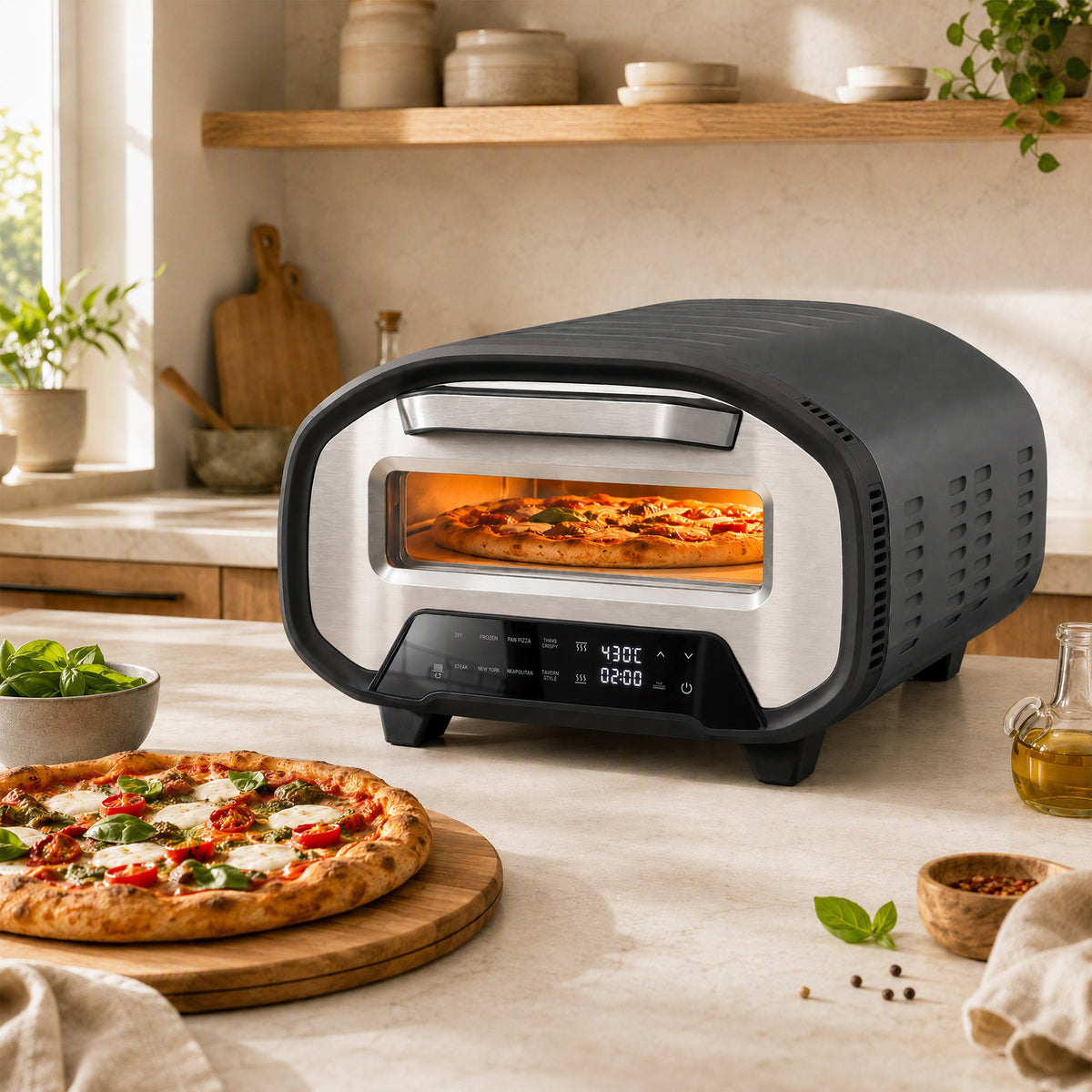 Pizzaofen für innen, 12 Zoll elektrischer Pizzaofen mit 8 Programmen, 430 °C, Timer, Keramikstein, 2200 W