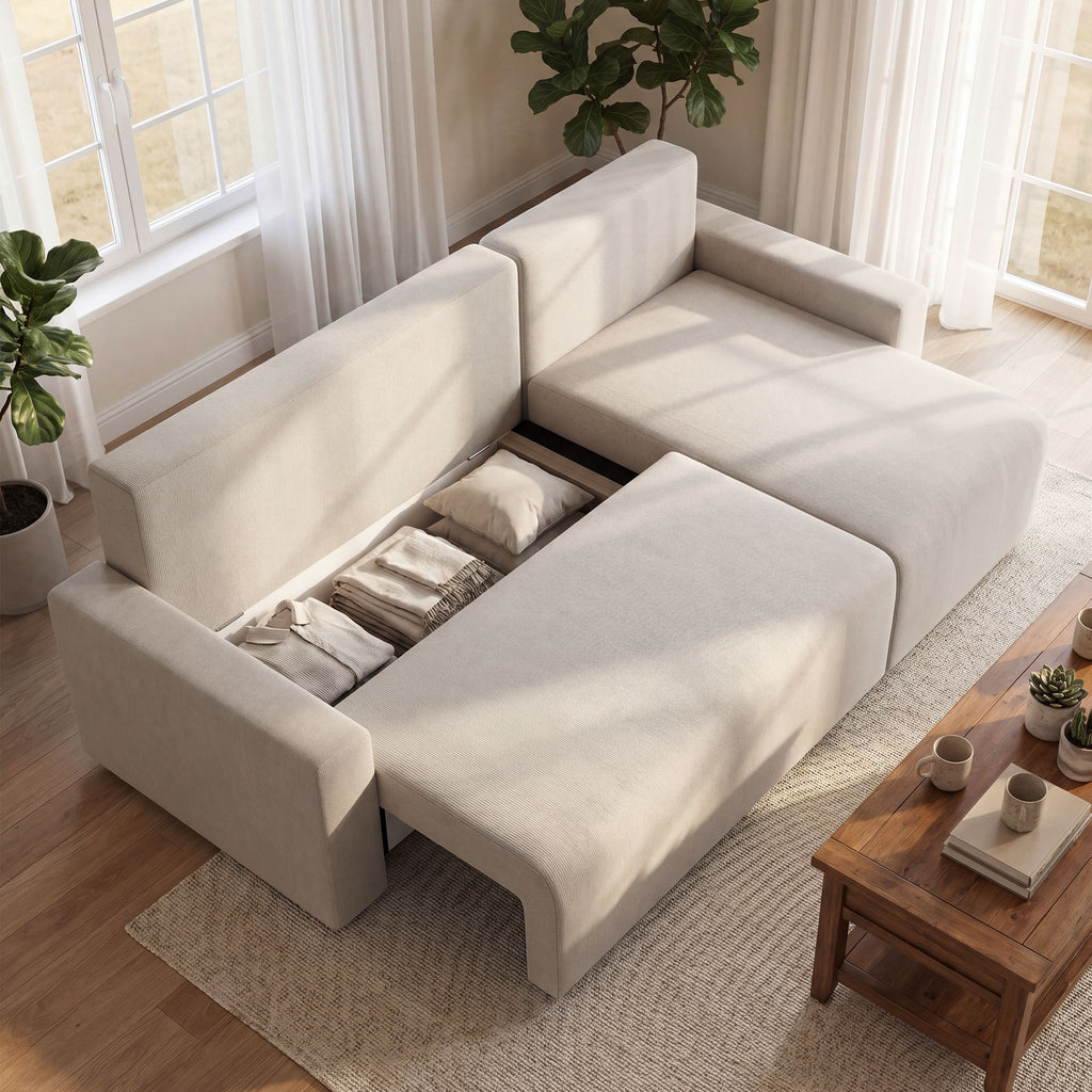 Ecksofa mit Schlaffunktion und umkehrbarer Chaiselongue, L-förmiges 3-Sitzer Sofa aus Veloursbezug, Beige