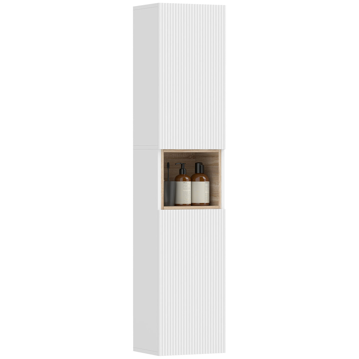 Badezimmerschrank, freistehend mit 2 Türen und offenem Regal, Weiß