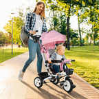 Metal Frame 6 in 1 Baby Push Tricycle with Parent Handle for 1-5 Years Old, Pink