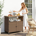 Servierwagen Rattan Küchenwagen mit FSC Eukalyptusholz-Arbeitsplatte Ablagefach Rollen Seitengriff 95 x 54 x 84 cm