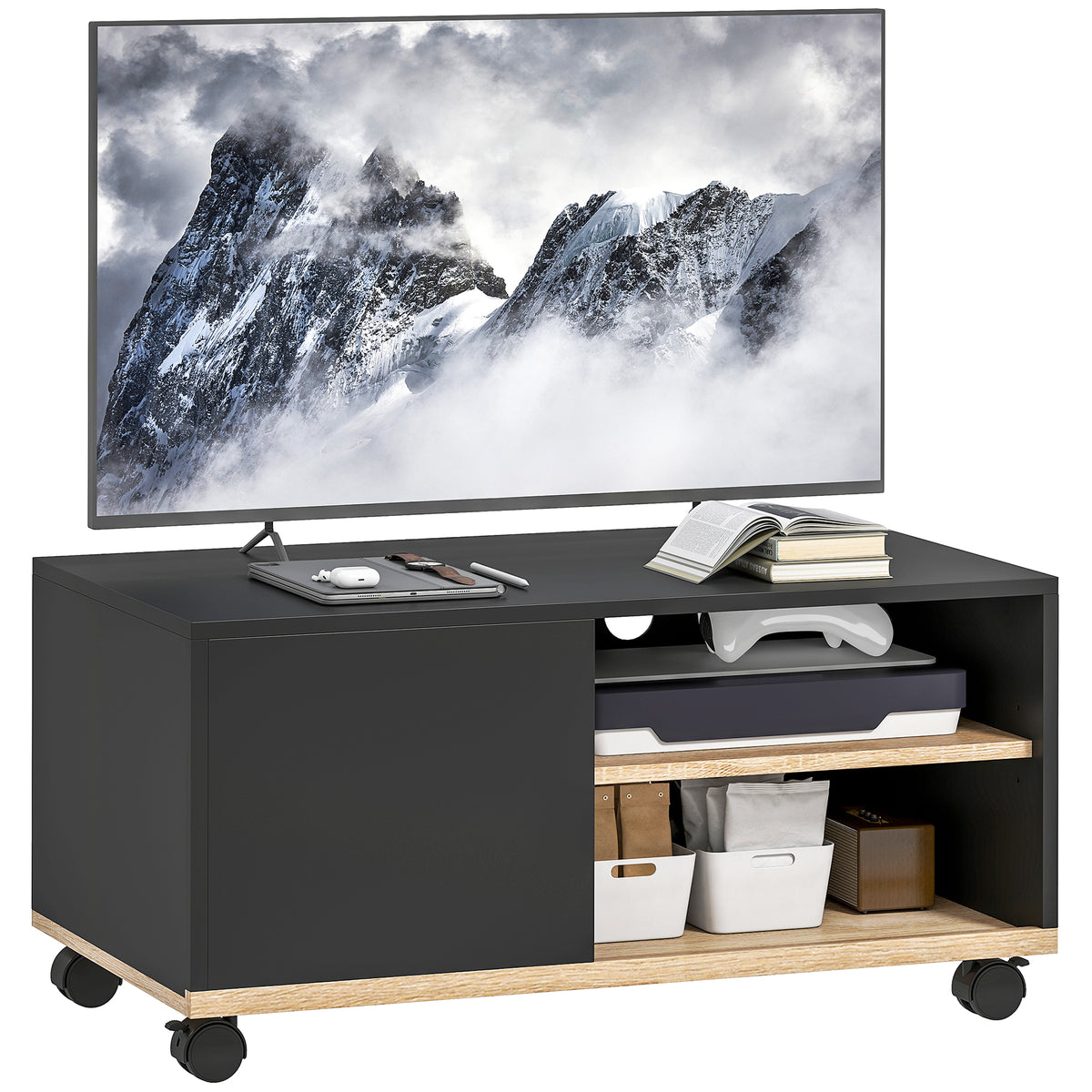 TV-Board auf Rollen mit Bremsen, TV-Möbel mit Schrank und verstellbarer Ablage, Schwarz und Eiche