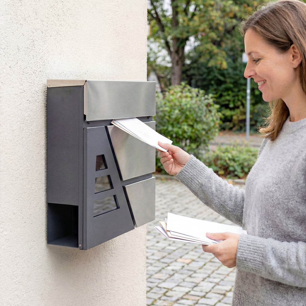 Briefkasten Wandmontage Wetterfest mit Zeitungshalter und 2 Schlüsseln für Außenwand, Dunkelgrau