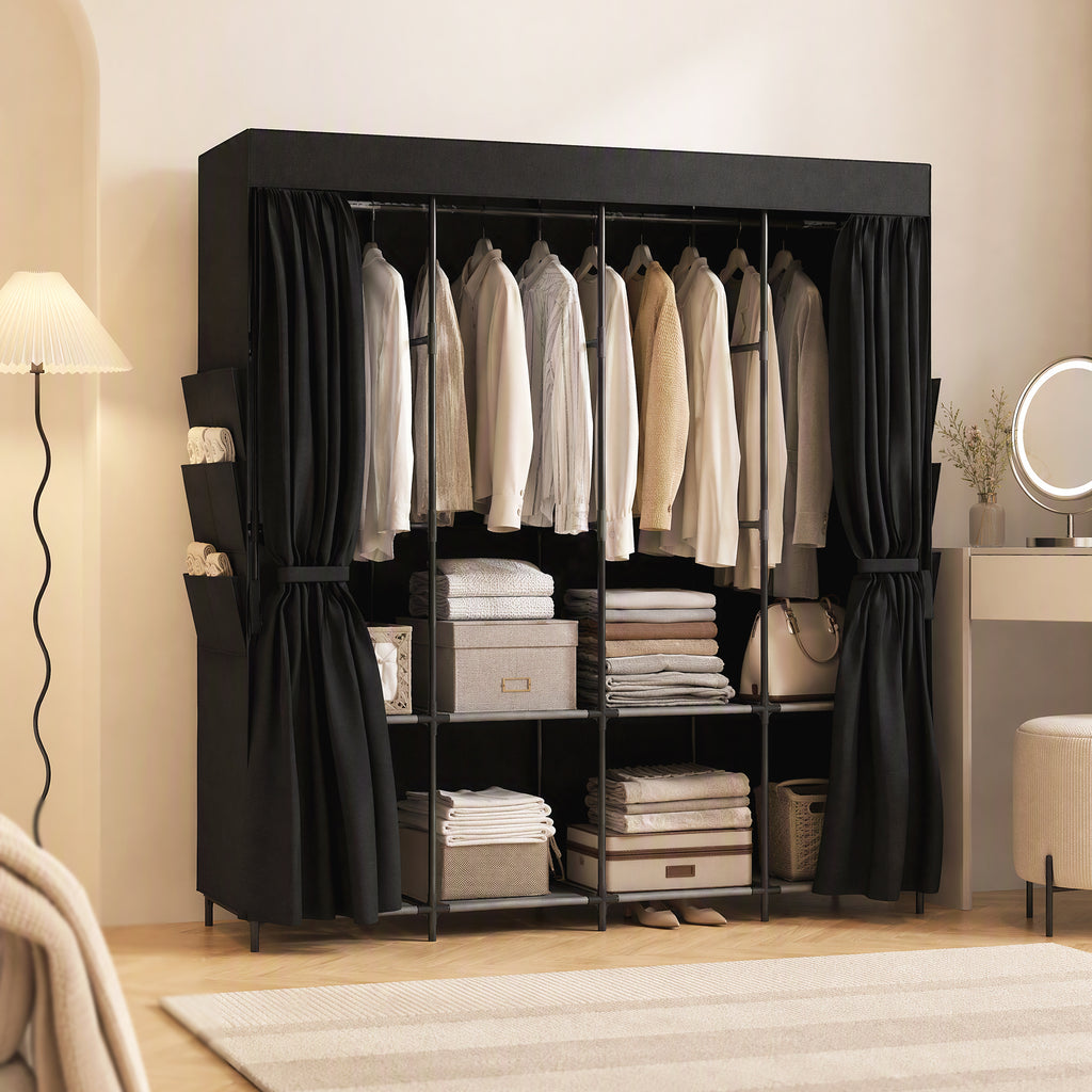 Stoff-Kleiderschrank, staubdicht, tragbar, 5 Kleiderstangen, 170 x 45 x 167 cm, Schwarz